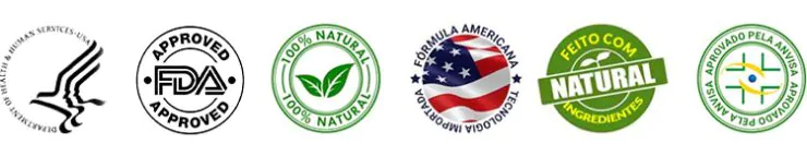 Selos de aprovação FDA, ANVISA, 100% Natural e Fórmula Americana Importada